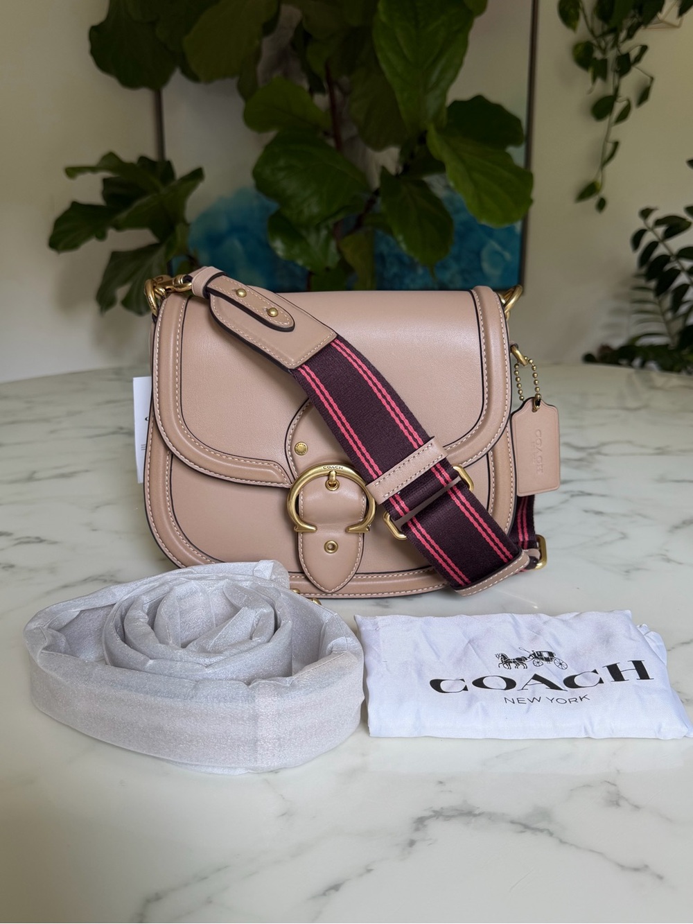 NWT COACH Glovetanned Leather Beat Saddle Bag Taupe / Brass C3738 Webbing Strap